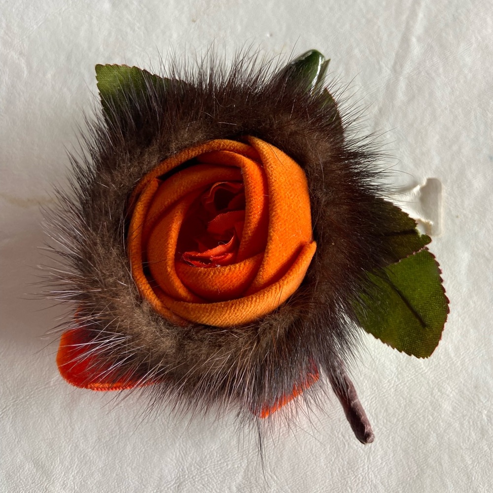 Vintage 1950’s mid century modern mink and fabric floral brooch